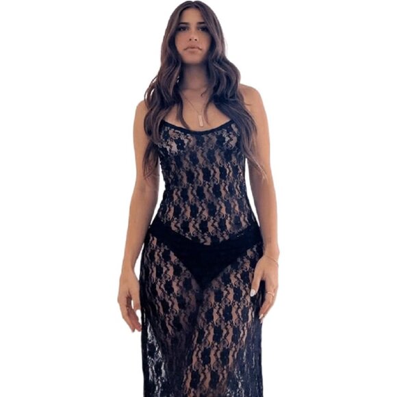 Women Sexy Mesh Floral Lace Maxi Dress Spaghetti Strap Backless Summer - Picture 2 of 7